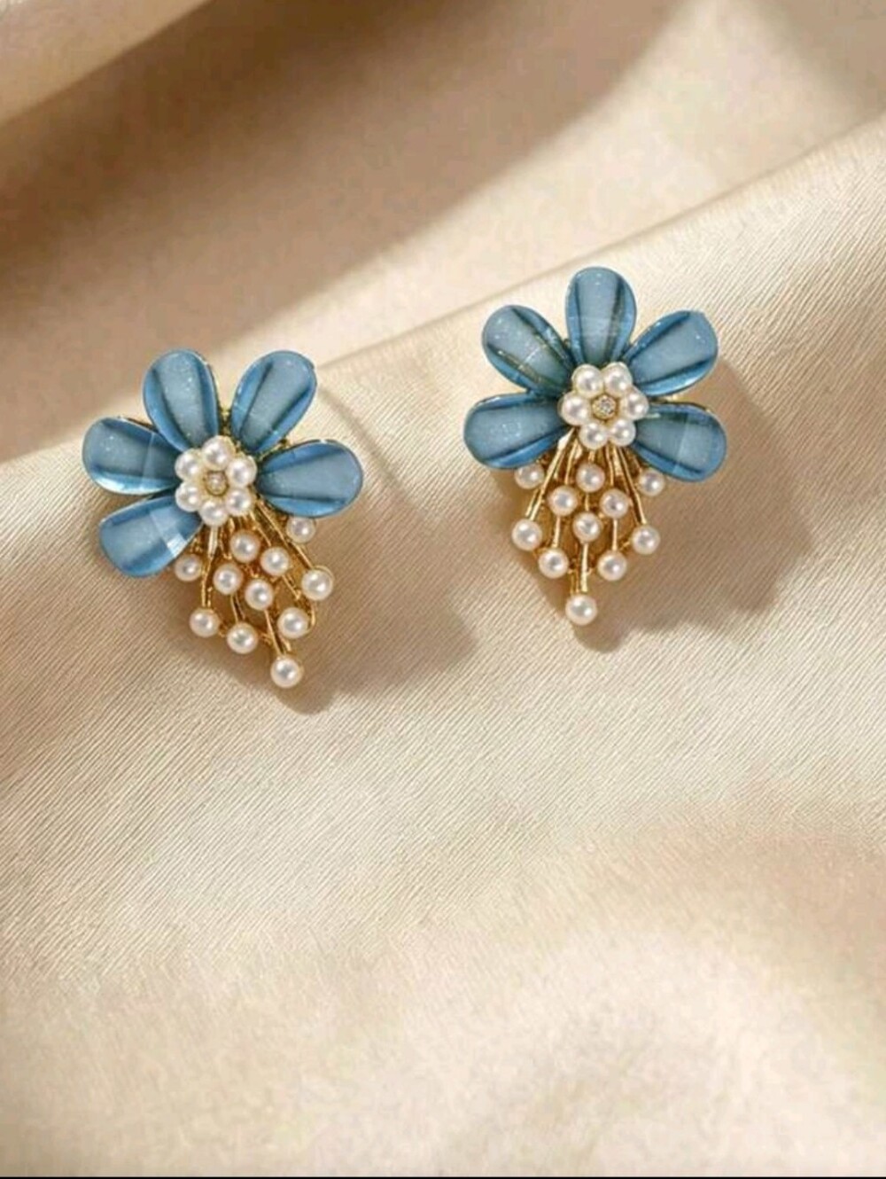 Blue Floral Pearl Drop Stud Earrings - Women Jewelry
